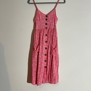 Pink and White Floral Midi Button Down Dress